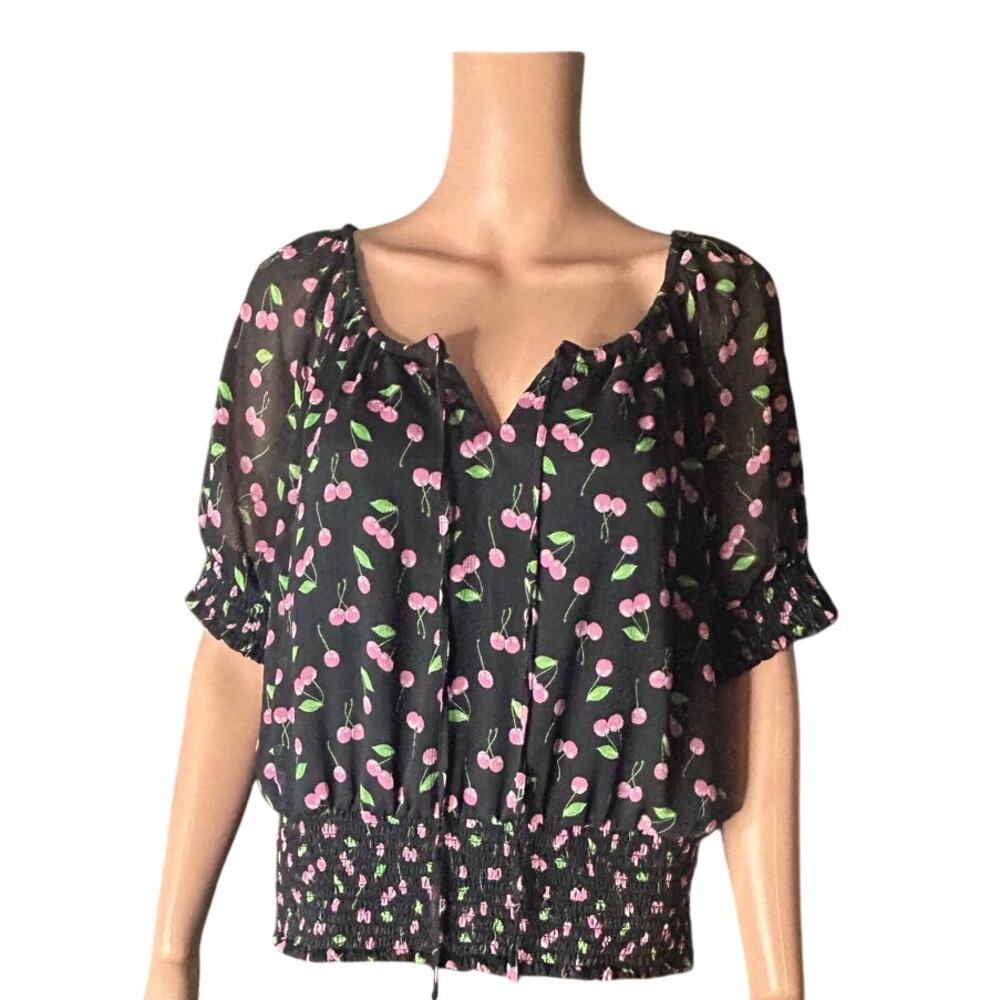Tamara H cherry print blouse black semi sheer tie neck smocked waistband size xl